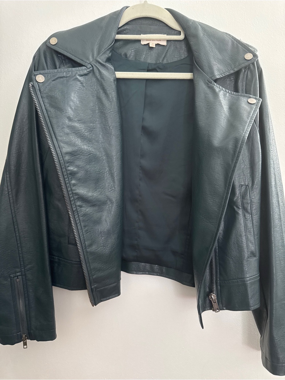 Skies Are Blue Deep Green Leather Moto Jacket vegan leather